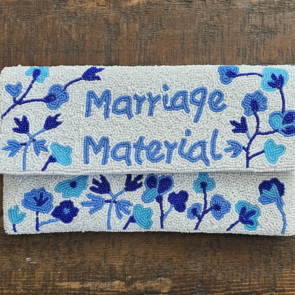 Beaded 'Marriage Material' Floral Clutch - Blue on Ivory - Picture 2 of 6
